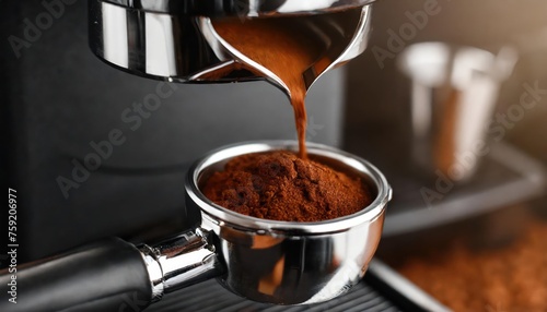 close up ,Ground coffee pouring into the professional coffee machine portafilter.