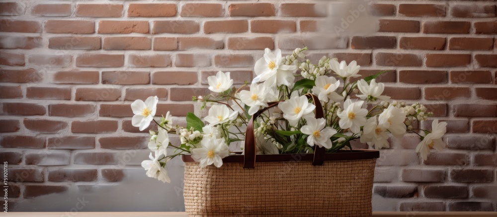 Cotton flower and wicker bag vase in plant-style arrangement on a white table with a brick wall backdrop.