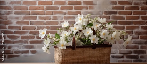 Cotton flower and wicker bag vase in plant-style arrangement on a white table with a brick wall backdrop.
