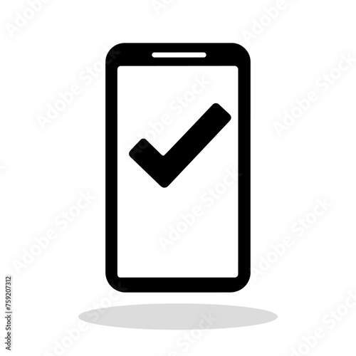 Phone icon. Black smartphone icon with a check mark. Approved symbol.