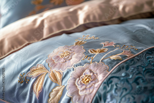 Luxurious silk bedding set with embroidery and a soft texture. Generative AI