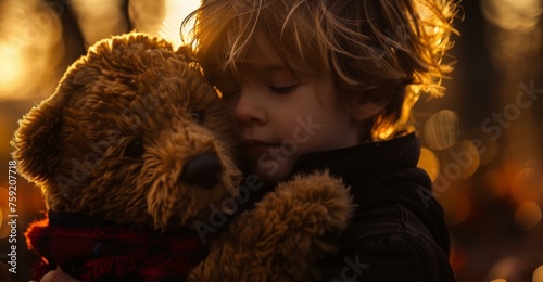 A young boy hugging a toy bear in the woods. Generative AI.