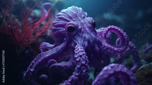 Marvel at the intricate details of a purple-hued octopus, its textured skin illuminated by the dappled light filtering through the ocean's surface.