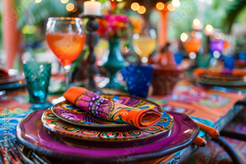 Festive tablescape decor in bright colors. Napkins folded on dinner plates. Generative AI