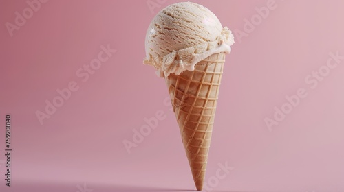 an ice cream cone with a scoop of vanilla ice cream on top of it, against a pale pink background.