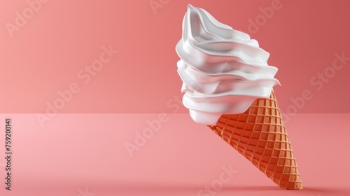 an ice cream cone with white icing on a pink background with a reflection of the ice cream in the cone. photo