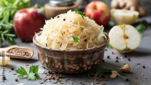 rustic kitchen scene where a bowl of tangy sauerkraut relish is being prepared, surrounded by ingredients like apples, onions, and caraway seeds