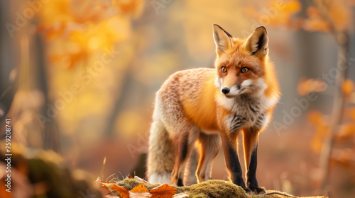 ute Red Fox, Vulpes vulpes, fall forest. Beautiful animal in the nature habitat
