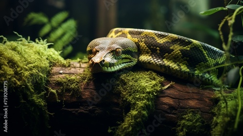 Surrounded by the vibrant greenery of the rainforest, a boa constrictor lounges elegantly on a mossy branch.