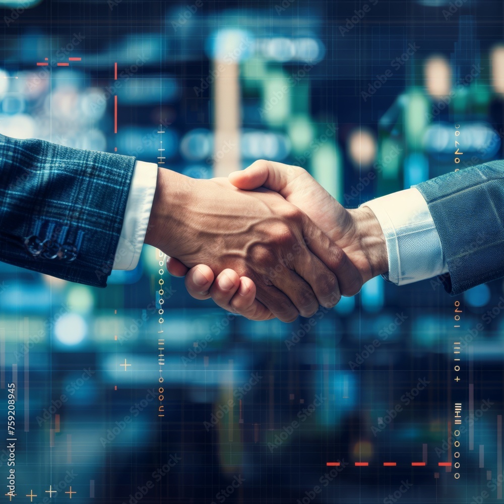 A professional handshake against a backdrop of digital technology, symbolizing business agreements in the modern digital era A professional handshake against a backdrop of digital technology, symbolizing business agreements in the modern digital era