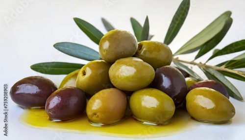 Close-up of olives with olive leaves, isolated on white. high quality photo