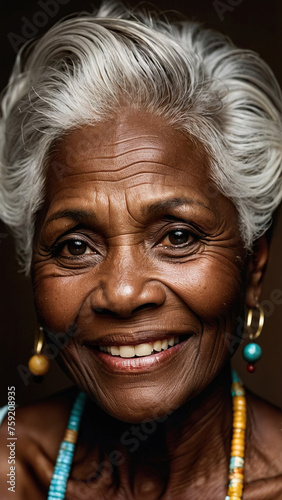 Fashion portrait of a happy smiling black elderly woman who lived an amazing life.