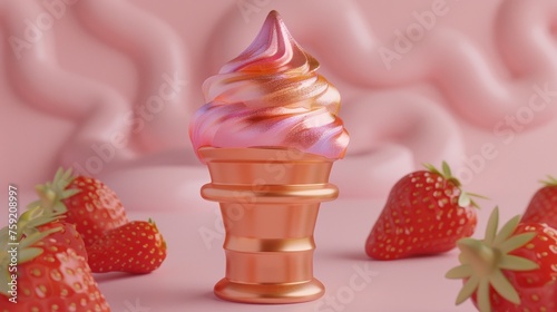 a pink ice cream sundae sitting on top of a cone next to a group of strawberries on a pink surface. photo