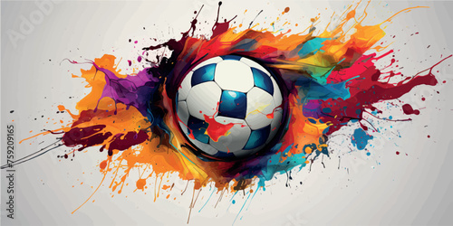 Soccer ball in splashes of color design. Football print. Football concept, goal art. Collection of bright prints of soccer balls for T-shirts, clothing, paper. Sports football logo illustration.