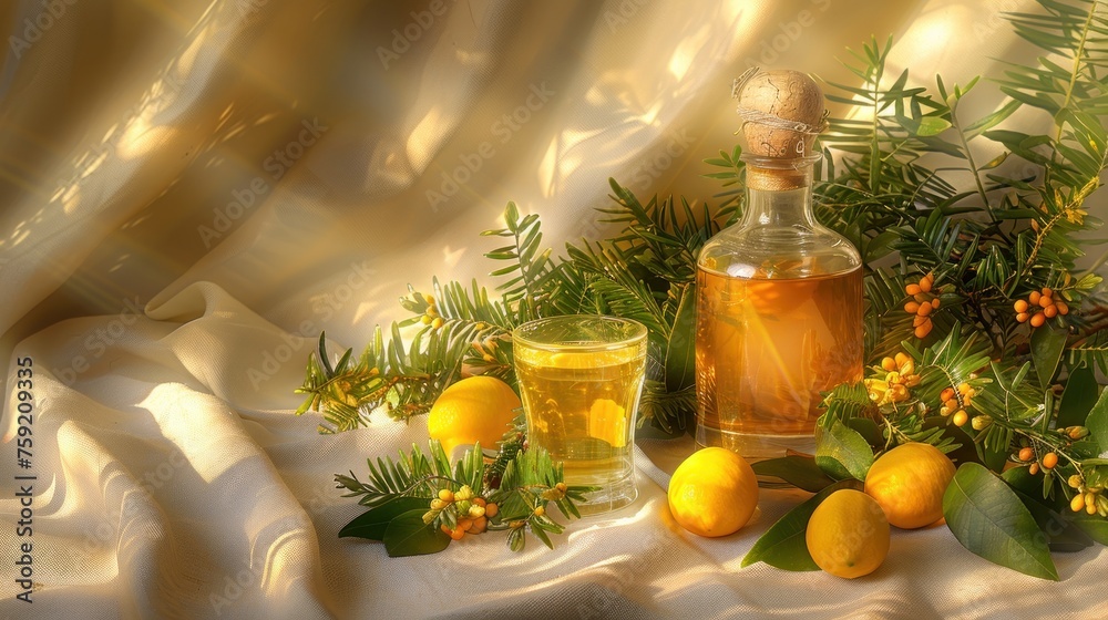 a bottle of liquid sitting next to a glass filled with lemons and a sprig of green leaves. a bottle of liquid sitting next to a glass filled with lemons and a sprig of green leaves.
