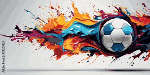 Soccer ball in splashes of color design. Football print. Football concept, goal art. Collection of bright prints of soccer balls for T-shirts, clothing, paper. Sports football logo illustration.