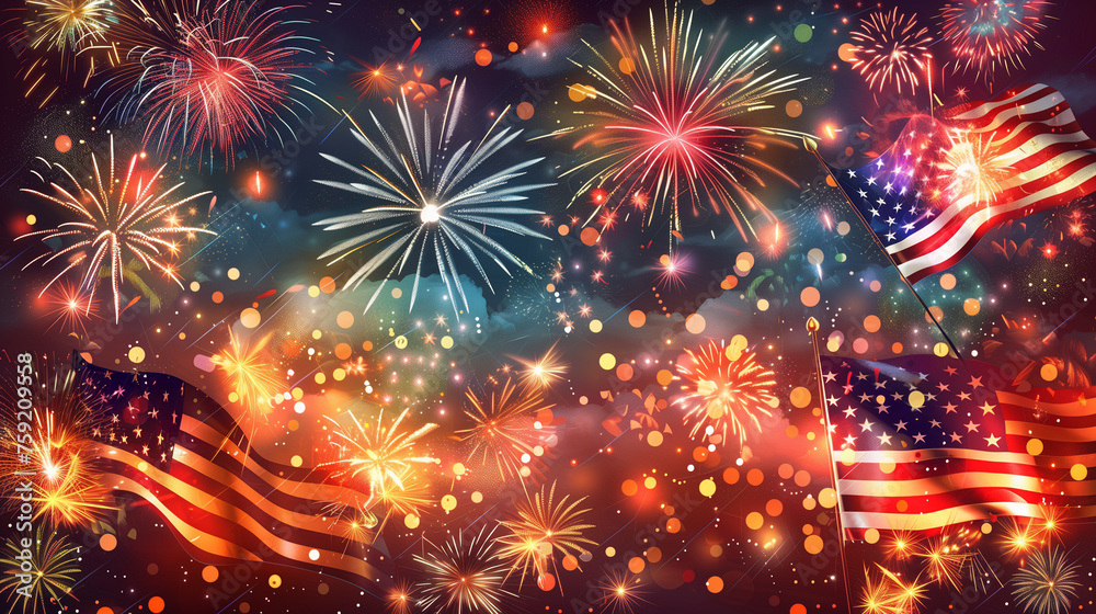 Fototapeta premium 4th of July fireworks display with waving American flags