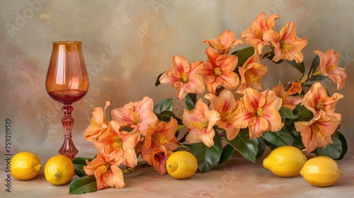a painting of flowers, lemons, and a wine glass with a glass of wine in front of it.