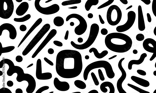 Simple black and white vector texture, seamless abstract doodle pattern. Random black shapes on white background.