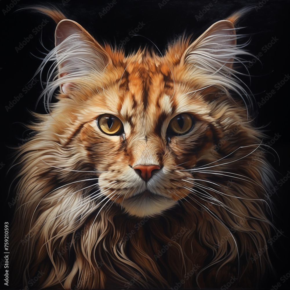 Colorful handdrawing portrait of a Maine Coon cat. Pet on black background