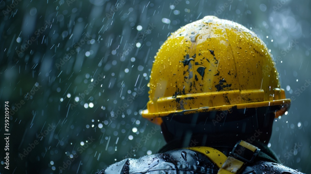 Yellow safety helmet in the rain for outdoor work. Protective gear for