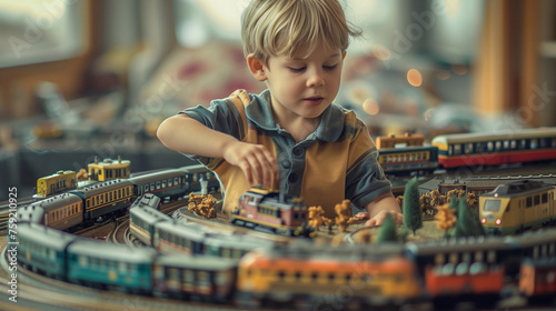 A young boy is engaged in playing with a toy train set on a table, creating his own small world photo