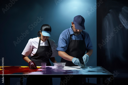 Two people are painting a wall with a blue and red color. One of them is wearing a blue apron