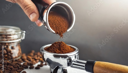 Ground coffee pouring into the professional coffee machine portafilter. high quality photo.