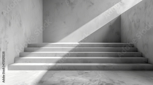 Minimalist architectural design with sunlight on concrete stairs. Serene stairway with natural light casting shadows. Peaceful concrete steps bathed in soft daylight.