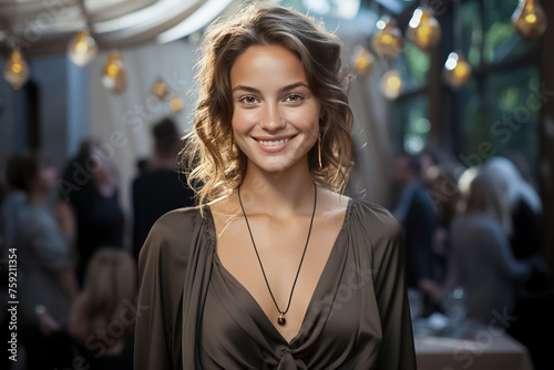 A woman wearing a black dress and necklace is smiling. She is surrounded by people in a restaurant © larrui