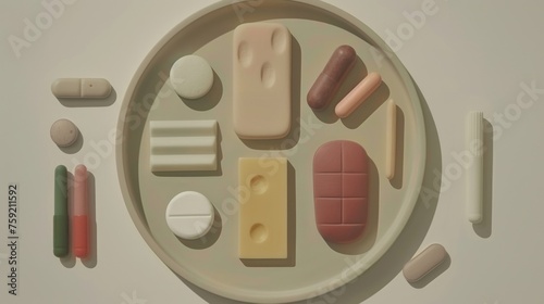 a plate filled with different types of pills and pills on top of a white surface with a shadow of pills and pills on the side of the plate. photo