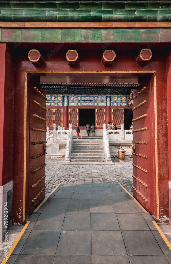 Wooden gateway in Temple of Heaven, one of the main tourist attraction of Beijing city, China