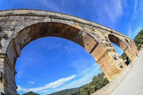 Historic Roman bridge Pont du Gard over Gard river near Vers-Pont-du-Gard town  France