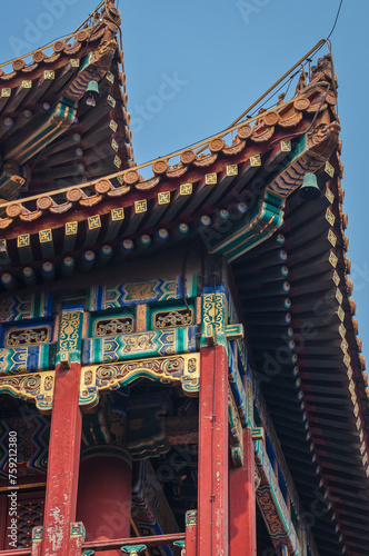Architectural details of pavilion roof in Yonghe Temple commonly called Lama Temple in Beijing, China