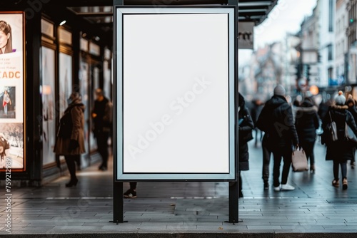 A large white billboard sits on a city street, illuminated by the streetlights. The empty billboard and bench give the impression of a quiet, peaceful moment in the city