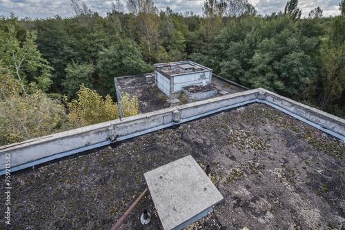 Roof of sanatorium called Solnechny - Sunny in Pripyat ghost city in Chernobyl Exclusion Zone, Ukraine