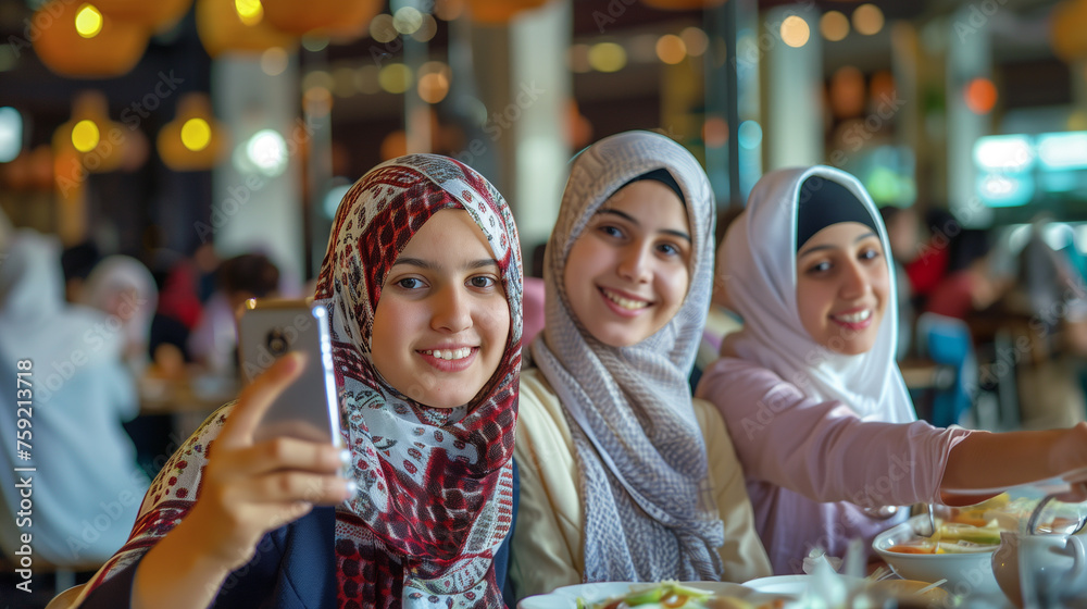 Typical Arab Three Arab Muslim teenage girls are smiling and posing for a selfie in ...