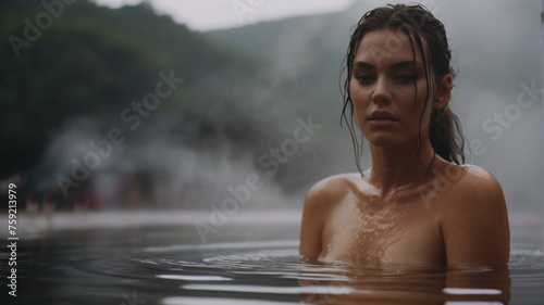 Beautiful young woman relaxing in the outdoor thermal bath
