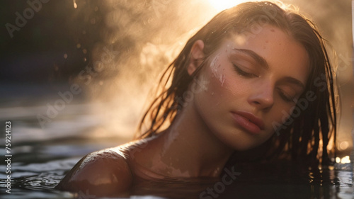 Beautiful young woman relaxing in the outdoor thermal bath