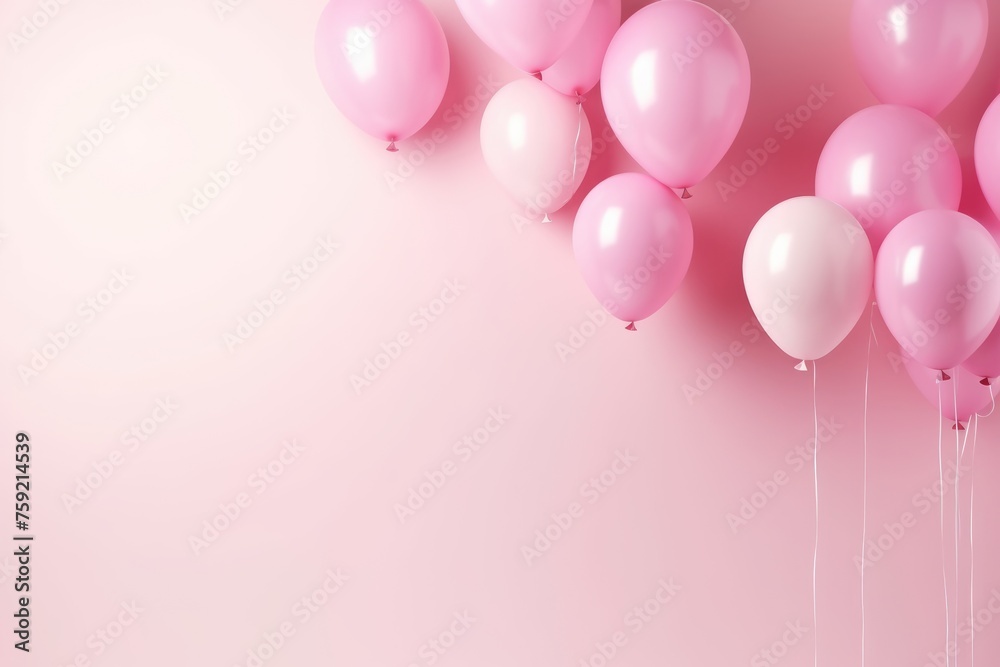 A cluster of pink and white balloons soaring on a pastel pink sky.