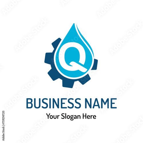 Letter Q Logo Idea for Water Repair, Water Maintenance. Simple Modern Plumbing Service Logo with Water Drop and Gear