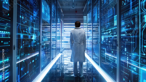 A man wearing a white coat standing in a server room filled with racks of computer servers and cables