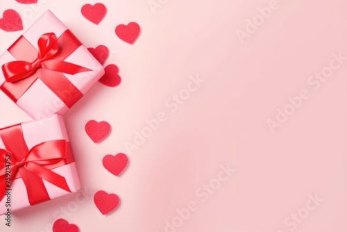 Pink gift boxes with red satin ribbons and scattered hearts on a pastel pink background. © Anatolii
