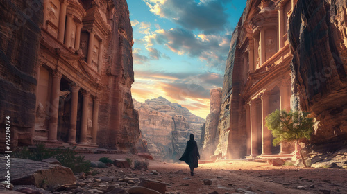 Alone individual person in a cloak walks down a narrow street flanked by tall rock buildings in a desert with the warm glow of sunrise illuminating the surrounding sandstone cliffs photo