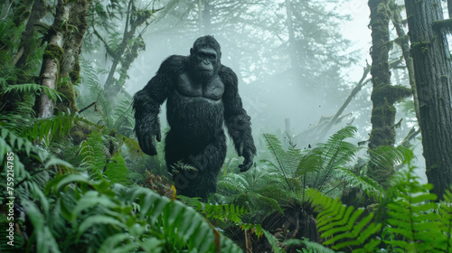 A solitary gorilla navigates the dense underbrush of a fog-laden forest, with lush greenery enveloping the scene