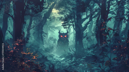 Demon with glowing red eyes stands amidst the trees in a dark forest
