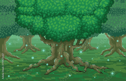 Pixel art:大きな魔法のオークの木がある妖精の森のドット絵