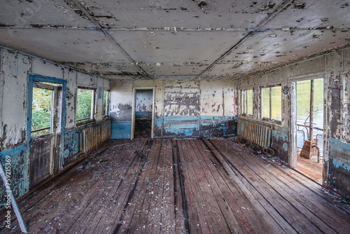 Interior of old floating restaurant in Pripyat ghost city in Chernobyl Exclusion Zone in Ukraine