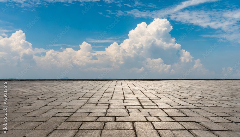 empty brick floor and sky clouds background