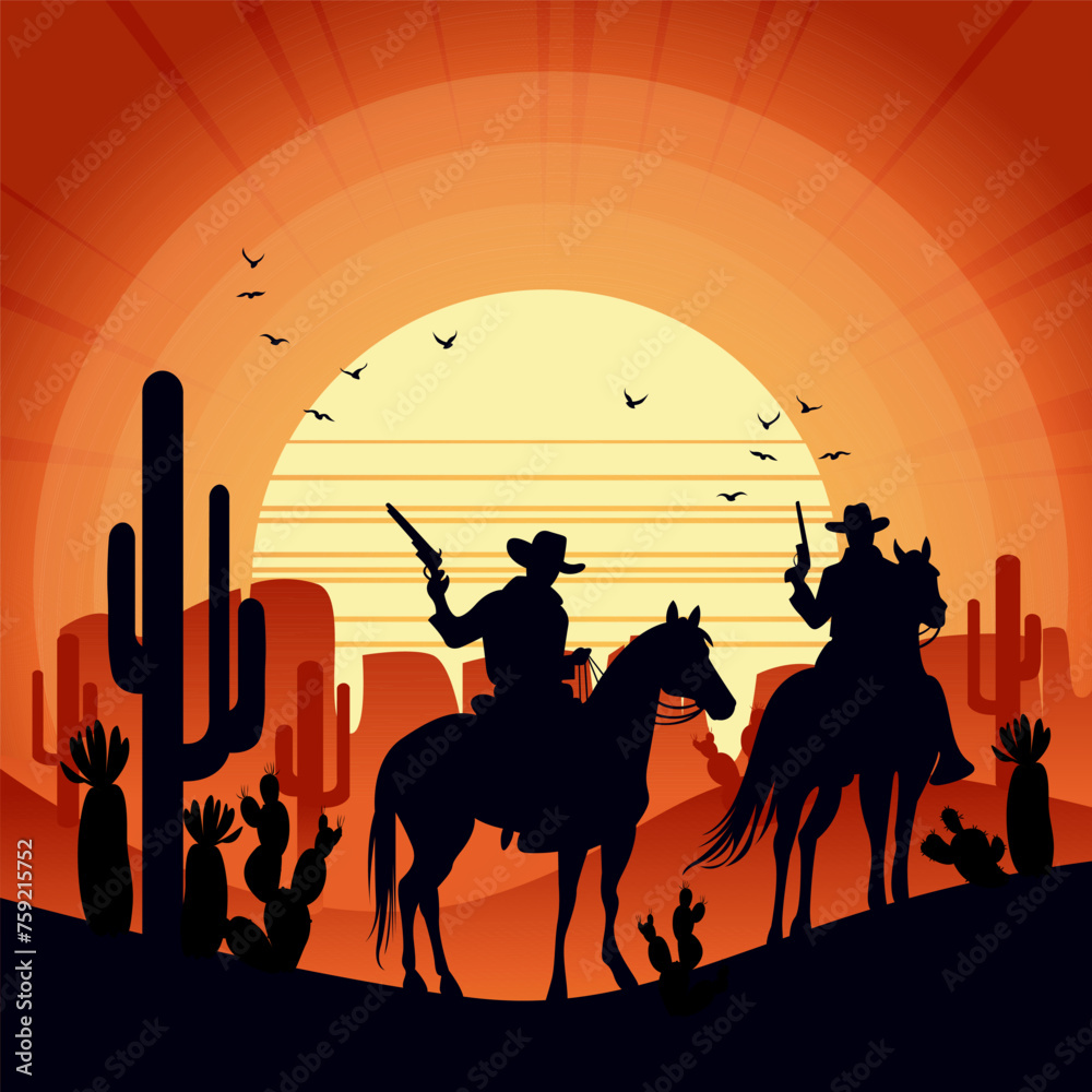 Naklejka premium Desert sunset landscape with cowboys on a horse.
